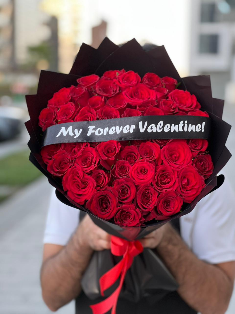 51 Red Roses Black Wrapping With Belt