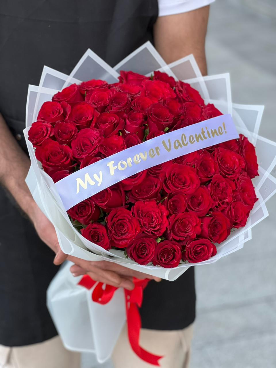 51 Red Roses White Wrapping With Belt