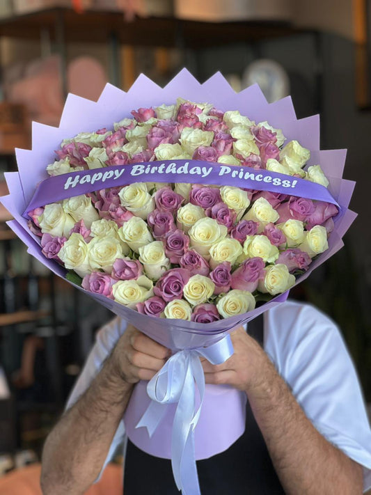 101 Mix Purple & White Roses, Purple Wrapping With Belt