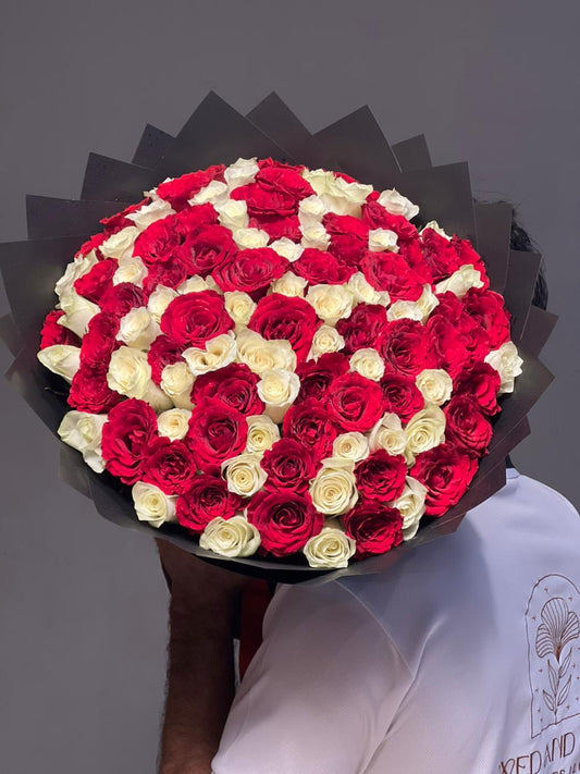 101 Red & White Rose Mix With Black Wrapping Bouquet