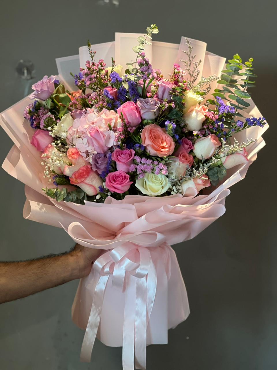 Mix Flower Bouquet With Peach colour Wrapping