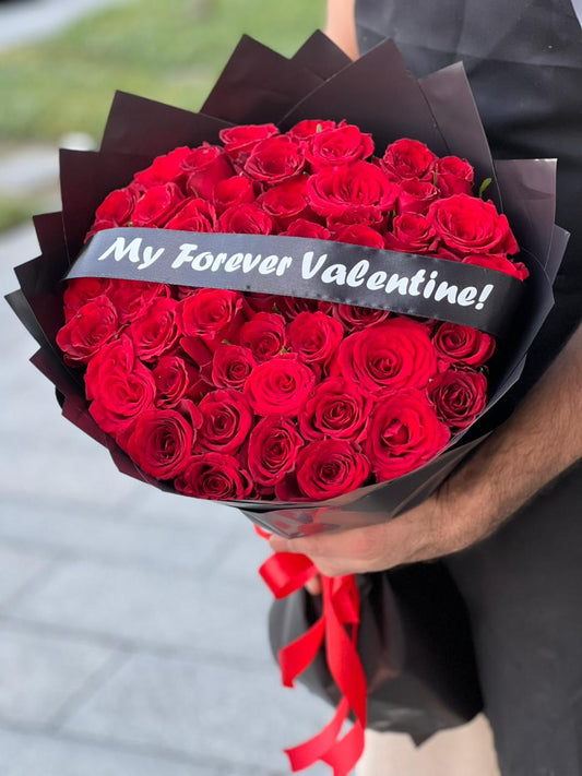51 Red Roses Black Wrapping With Belt