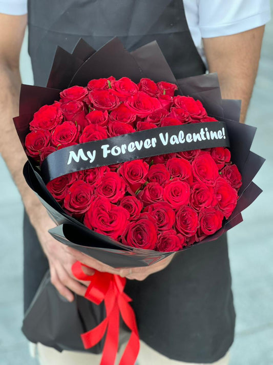 51 Red Roses Black Wrapping With Belt