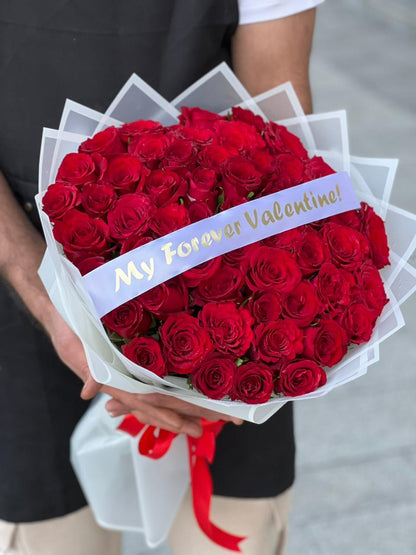 51 Red Roses White Wrapping With Belt