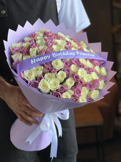 101 Mix Purple & White Roses, Purple Wrapping With Belt
