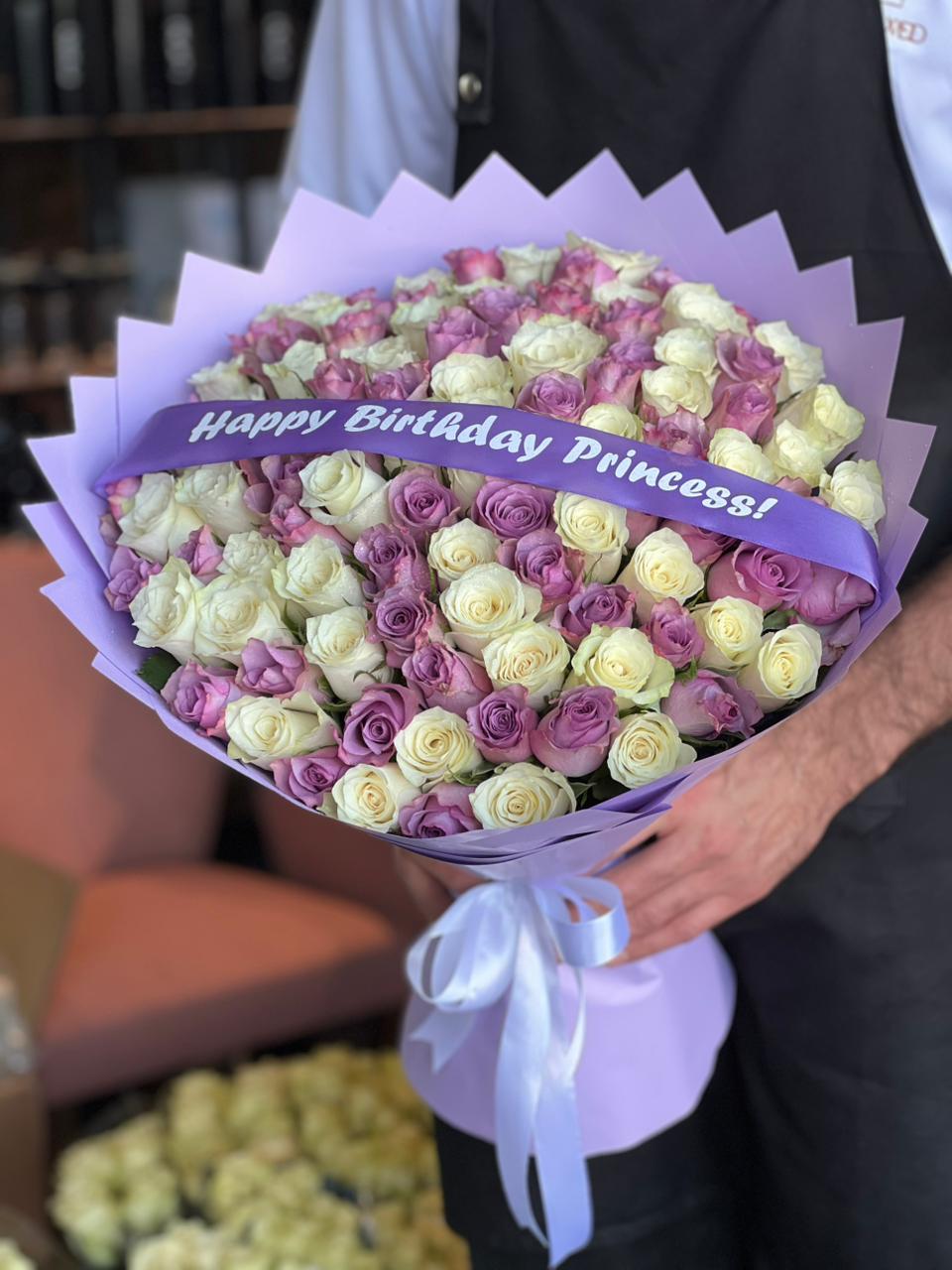 101 Mix Purple & White Roses, Purple Wrapping With Belt