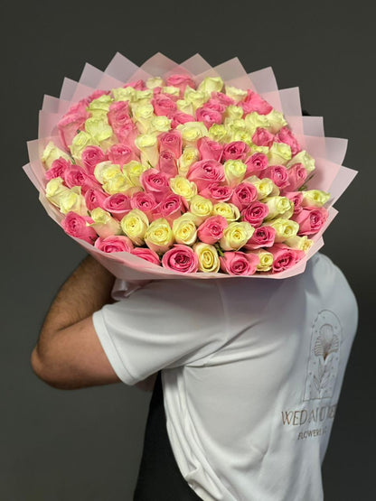 101 Mix Pink & White Roses, Pink Wrapping