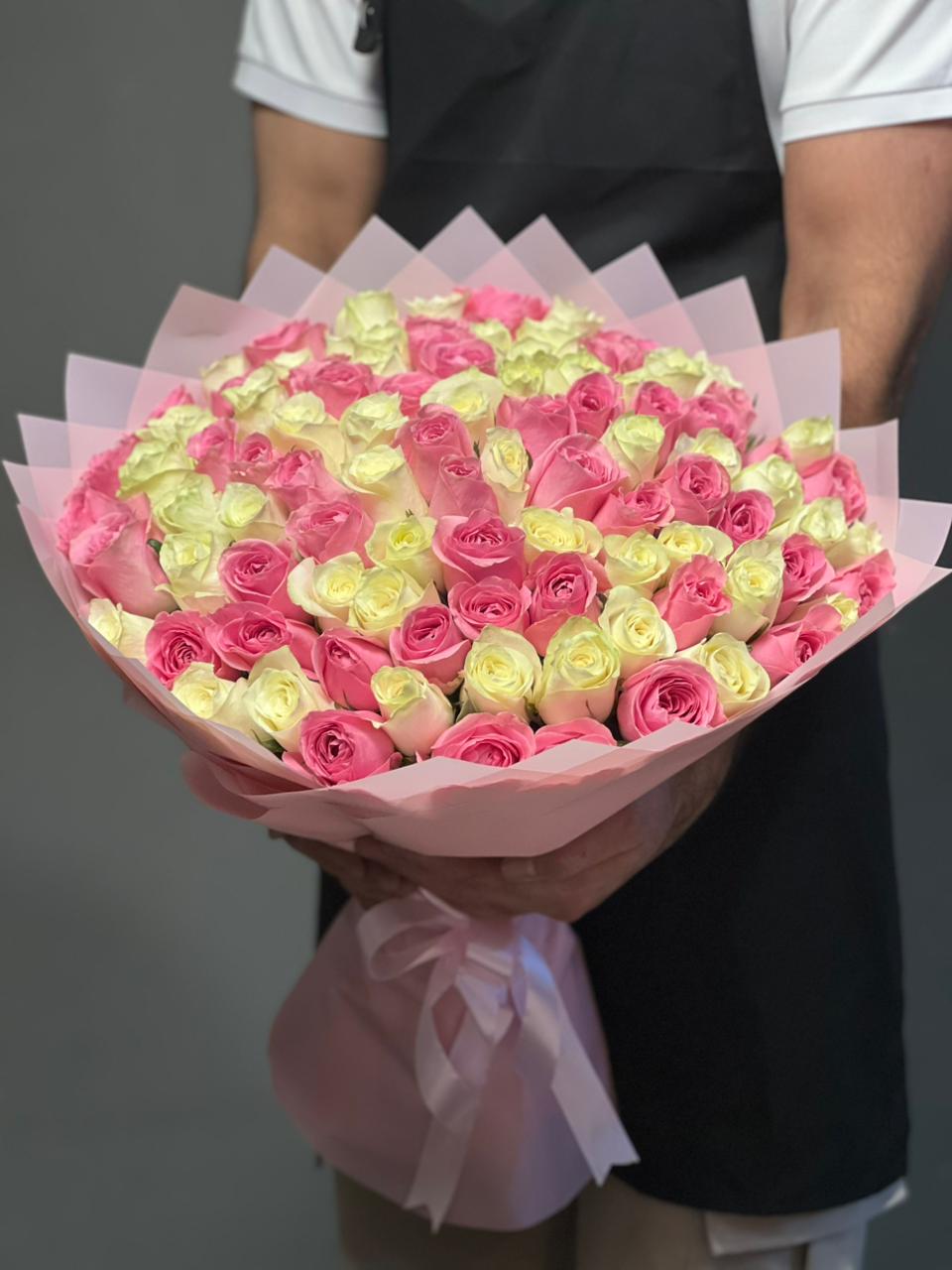 101 Mix Pink & White Roses, Pink Wrapping