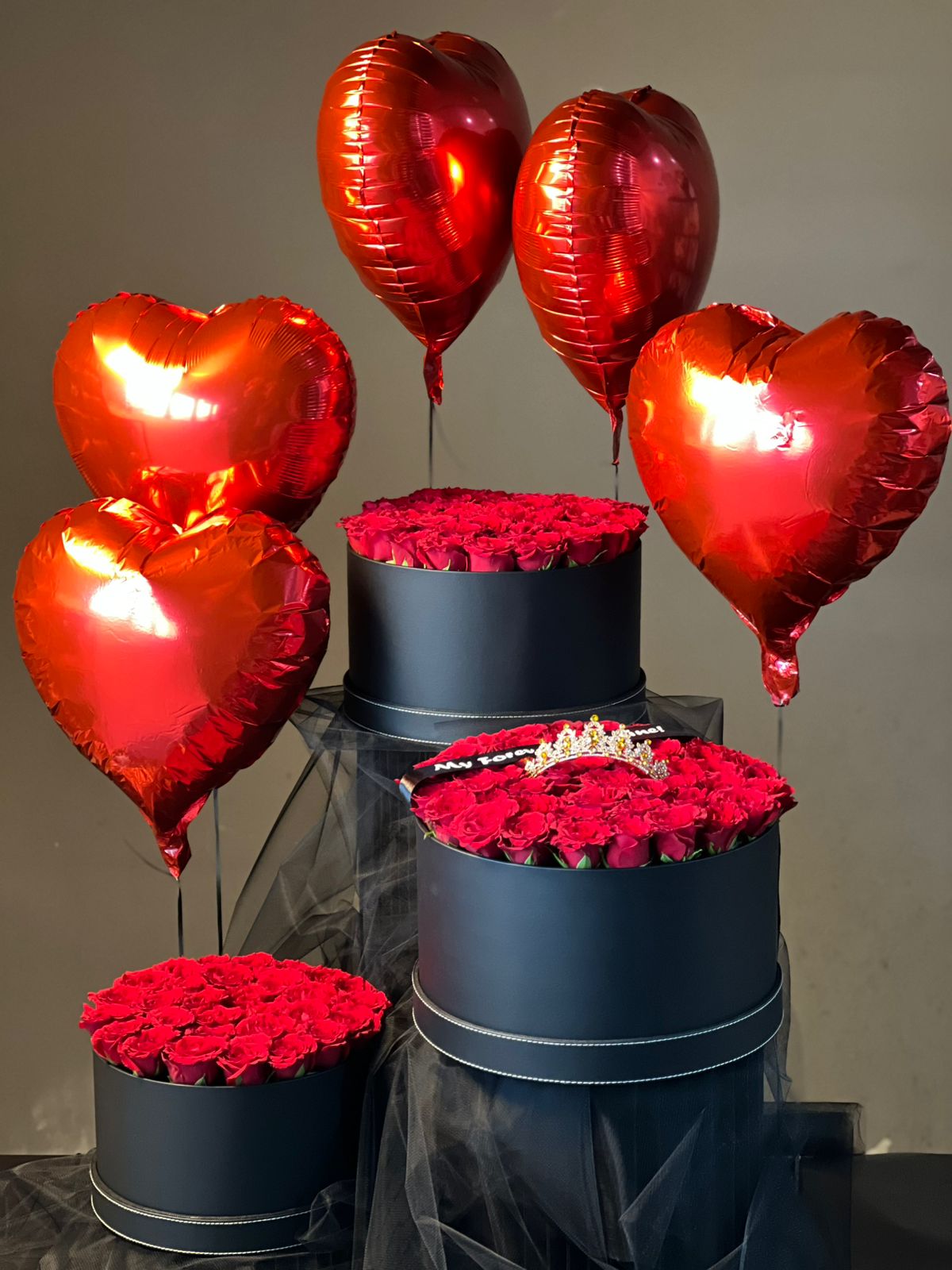 3 Set Red Rose Flower Box (Black) With Balloons