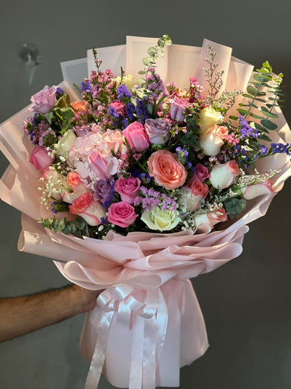 Mix Flower Bouquet With Peach colour Wrapping