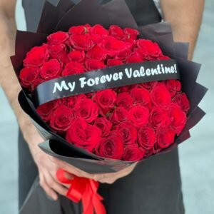 51 Red Roses Black Wrapping With Belt