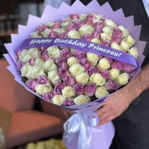 101 Mix Purple & White Roses, Purple Wrapping With Belt