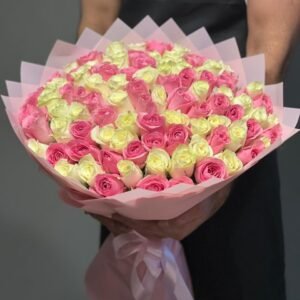 101 Mix Pink & White Roses, Pink Wrapping