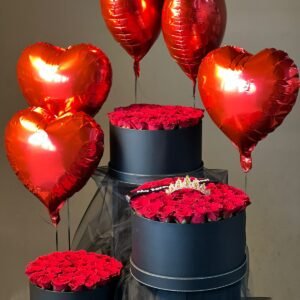 3 Set Red Rose Flower Box (Black) With Balloons