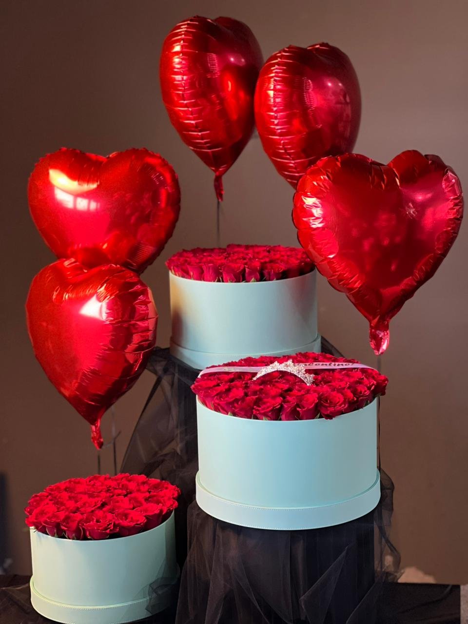 3 Set Red Rose Flower Box (Lite Green) With Ballons