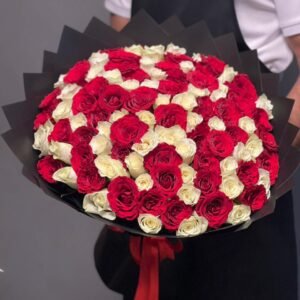 101 Red & White Rose Mix With Black Wrapping Bouquet